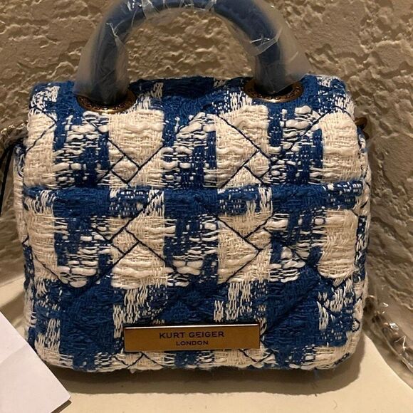 Kurt Geiger Mini Handle Kensington Bag Blue Tweed Plaid Strawberry Print Kawaii - Picture 9 of 14